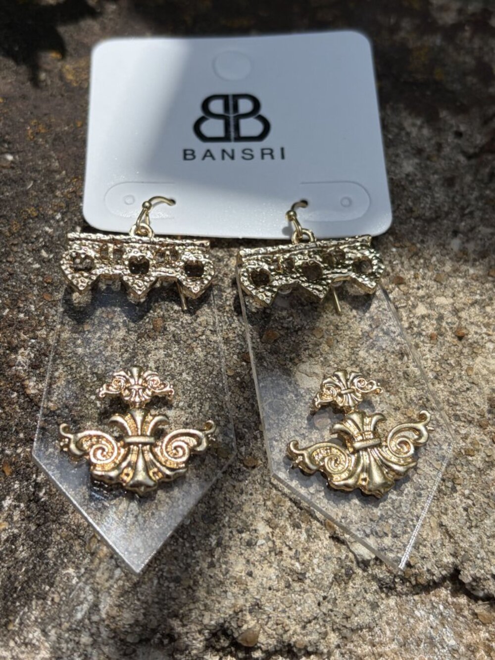Bansri Gold Fleur De Lis Clear Acrylic Dangle Drop Earrings Statement Baroque NE